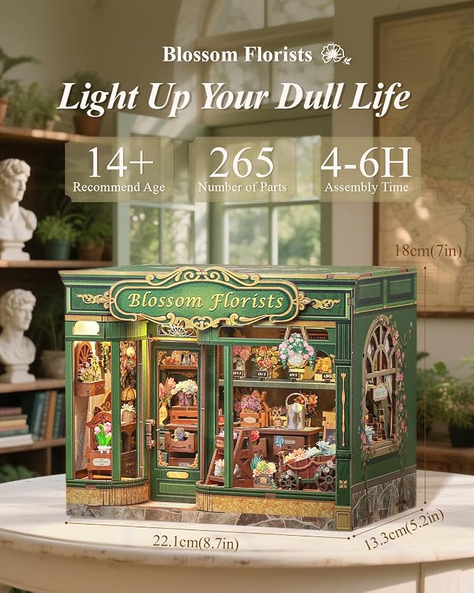 Cutefun Book Nook Kit - DIY Miniature Flower Shop Booknook Kits for Adults and Teens, 3D Wooden Puzzle Bookend Bookshelf with LED Light, Creative Crafts Gifts for Book Lovers (Blossom Florists)