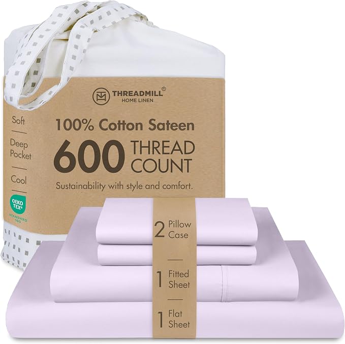 Threadmill California King Sheet Sets | 600 Thread Count Cal King Bed Sheets Set with 16” Deep Pocket | Sateen Weave 4-Piece Bedding Set with Cooling Effect | Lilac