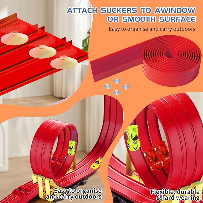 16.5ft Build Anywhere Portable Race Track with Suction Cups - Flexible Roll-Up Design Fits 1/64 Scale Cars, Portable Toy Gift for Kids 4+ Year Old (3 Tracks/Red)