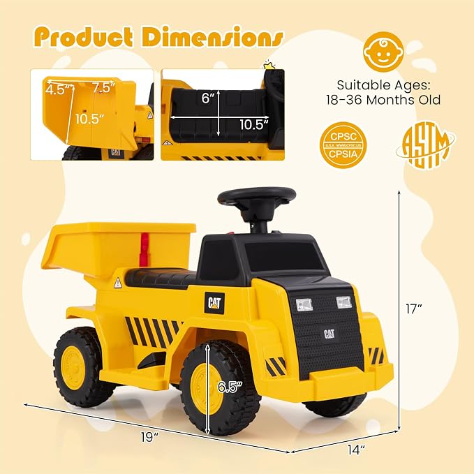 Costzon Ride on Dump Truck, 6V Licensed Caterpillar Ride on Construction Vehicle with Adjustable Dump Bed, Horn & LED Lights, Kids Gift Battery Powered Ride on Toy for Toddlers 18-36 Months