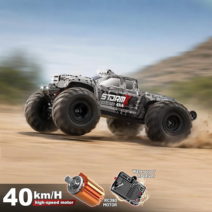 RC Cars 1:14 4WD Off-Road RC Monster Truck High Speed 40 km/h, 4x4 Remote Control Car with 2 Rechargeable 1300mAh Batteries and 2 Sets of Tires for Adults & Boys