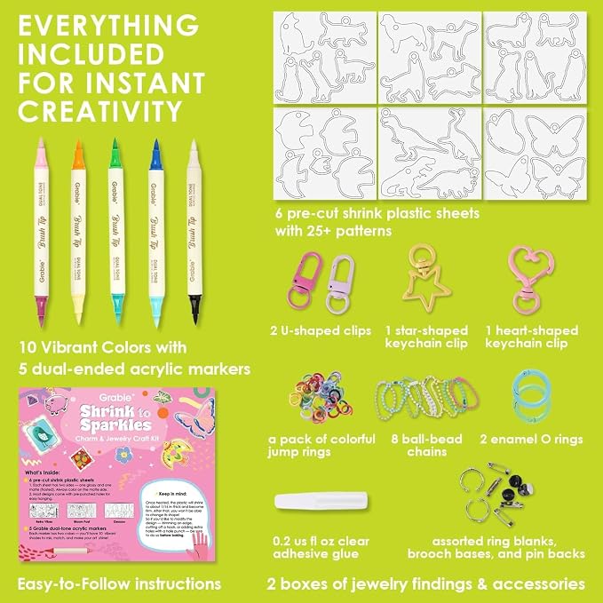 Grabie DIY Shrink Art Craft Kit Jewelry Making Kit for Kids Adults, 25+ Pre-Cut Shapes, 5 Dual-Tip Markers, Custom Charms, Pins, Rings, Keychains (Paws & Wings - Creative Freedom)