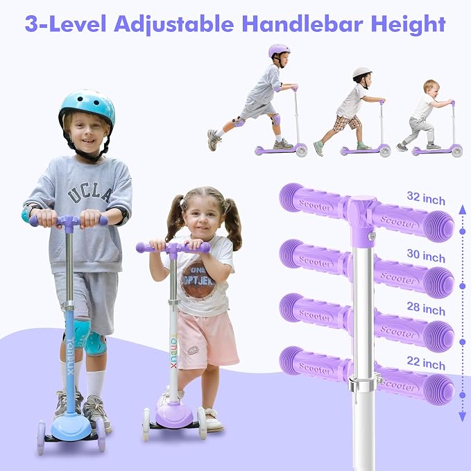TONBUX Kids Scooter for Ages 3-5, Toddler Scooter with Light-Up Deck and Wheels, Adjustable 4-Level Height 3-Wheel Scooters for Kids, Lean-to-Steer Design