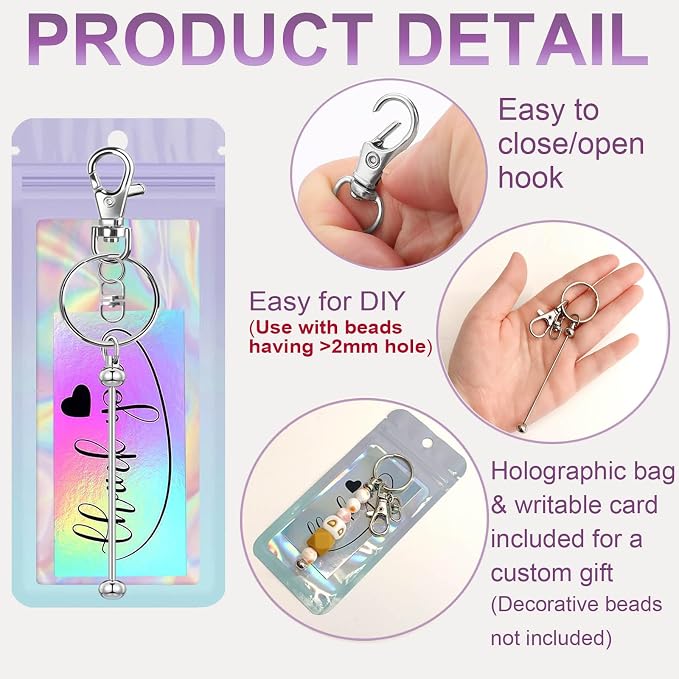 42/84/126 Pcs Beadable Keychain Bars Bulk Blank DIY Beaded Keychain Making Supplies with Bag Thank You Card