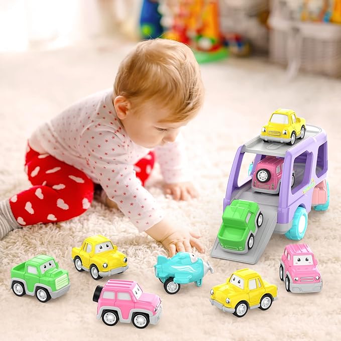 LASCOTON Toys for 1 2 3 Year Old Girl, 5-in-1 Carrier Truck for Toddler Girl, Friction Power Toy Cars with Light & Sound, Birthday Gifts, Pink