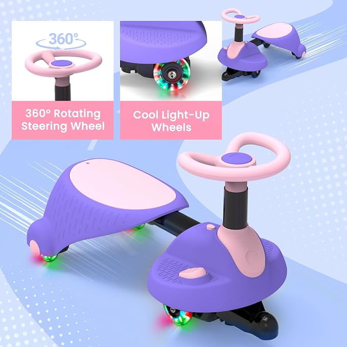 6V Electric Wiggle Car for Kids, 2-in-1 Ride On Swing Toy with Pedal, Adjustable Seat, 360° Steering, LED Flashing Wheels & Built-in Music, Anti-Rollover Ride-on Toy for Toddlers Ages 3+ Pink