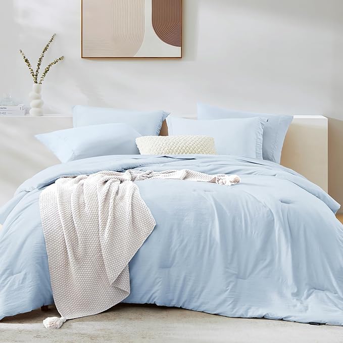 WRENSONGE King Comforter Set, 7 Pieces Ice Blue Soft Bed in a Bag King with Fitted Sheet, Flat Sheet, 2 Pillow Shams, and 2 Pillowcases- Warm Bedding Set for All Season