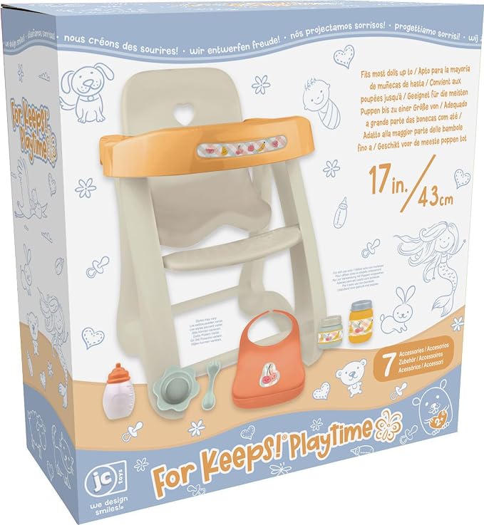 JC Toys - for Keeps Playtime! | Baby Doll High Chair | Fits Dolls up to 17" | Sturdy High Chair and Play Accessories | Ages 2| Earth Tone Colors