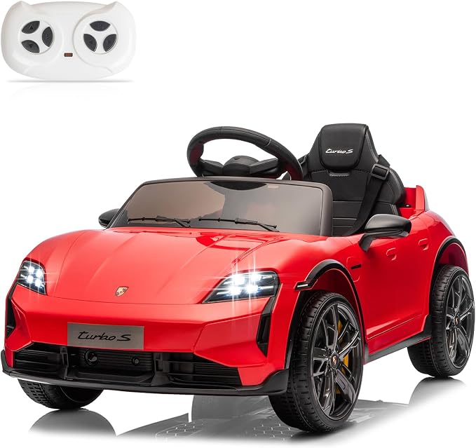 Winado 12V Kids Ride on Car, Licensed Porsche Taycan Electric Car for Toddlers, Battery Powered Ride on Vehicle W/Remote Control, with Bluetooth, 3 Speeds, LED & Rear Lights, Music & Horn (Red)