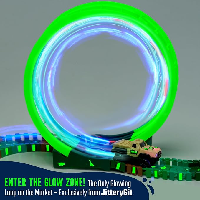 Dinosaur Jurassic Race Track Glow in The Dark Toy Playset - Includes Dino Figures, Epic Loop & Jaw Tunnel Set - Birthday for Kids, Boys & Girls 3-8 Years Old