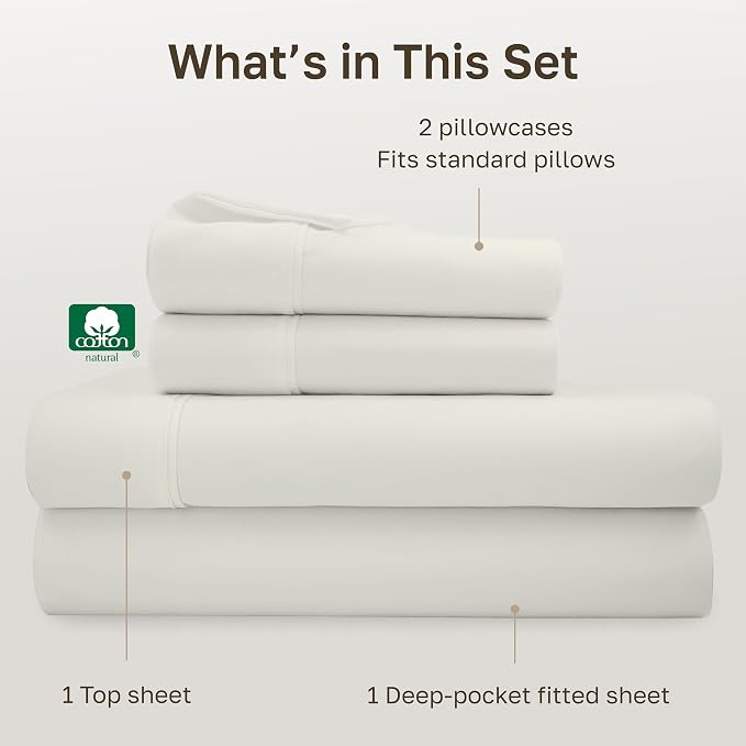California Design Den Soft 100% Cotton Full Sheet Set, 400 Thread Count Good Housekeeping Award Winner, Silky Sateen Weave with Deep Pockets, Long Staple Cotton Bed Sheet Set - Ivory (Pale Tone)
