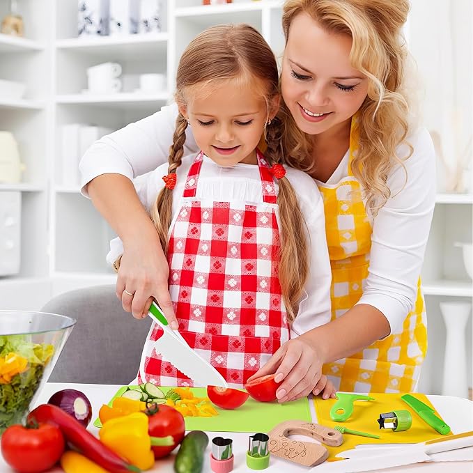 46 PCS Kids Knife Set, Toddler Knifes for Real Cooking, Montessori Kitchen Toys with Cutting Board Crinkle Cutters Kid Safe Knives, Birthday Xmas Gift for Girls Boys