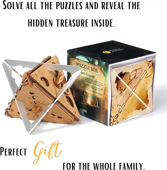PUZZLE POTATO Anti-Gravity Puzzle Box - 3D Brain Teaser Puzzle for Adults - Wooden Treasure Chest - Money Puzzle Box for Cash Gift - Escape Room Game (Metal)
