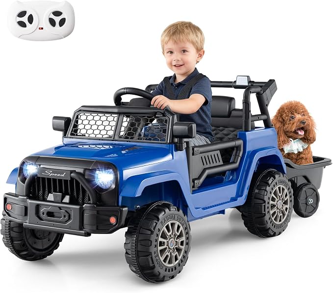Costzon Ride on Car with Detachable Trailer, 12V Battery Powered Ride on Truck with Parent Remote Control, Light & Music, Electric Vehicle Kids Car Toy for Boys & Girls (Blue)