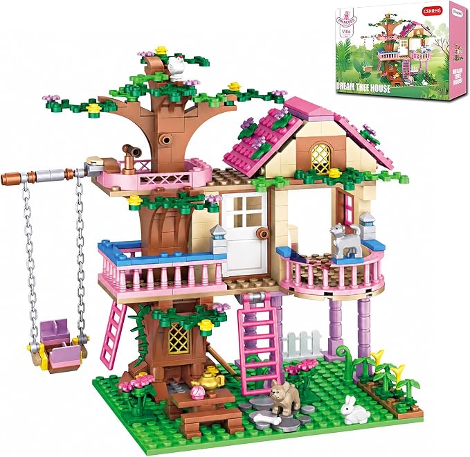 CSNRHG Tree House Building Set Multi Level Forest House Swing Animal Figure | Display Model for Home Decor and Creative Building with Balcony Telescope Ladder Garden Scene Size