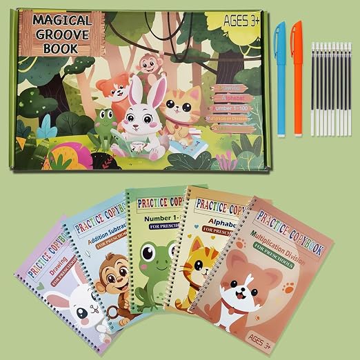 Magic Grooved Practice Copybook 5 Pack with Pens, Groove Reusable Magical Handwriting Workbooks, Tracing Letters Numbers, Math, Kindergarten Sight Words for Kids Ages 3-8 for Preschool(5books+Pens）