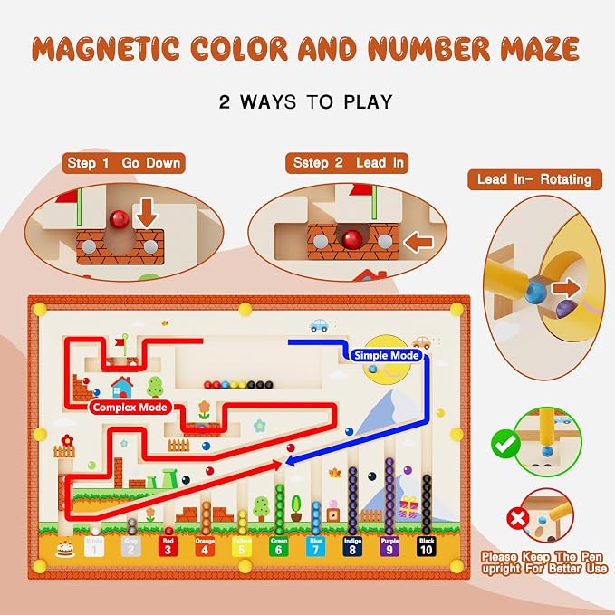 4-in-1 Magnetic Color and Number Maze, ABC Animal Alphabet Puzzles with Drawing Board, Wooden Montessori Toy Storage Box for 3-5 Year Old, Toddler Educational Learning Toy for Kids Boys Girls