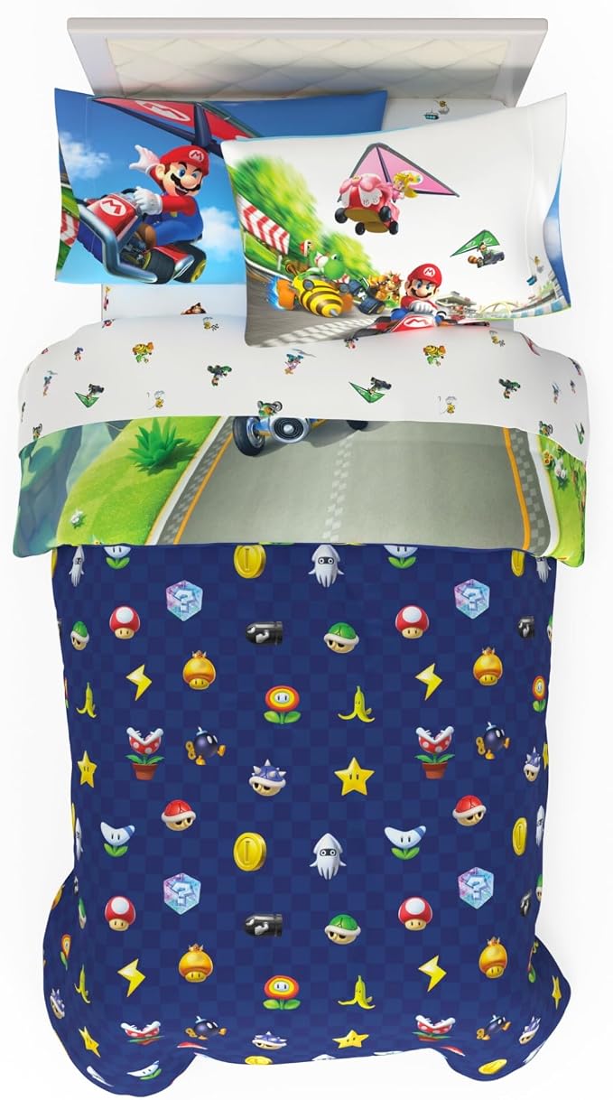Super Mario Kart Game Kids Bedding Set, Twin Size, 4-Piece Super Soft Cozy Reversible Comforter & Sheet Set (Officially Licensed Product) by Franco