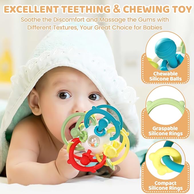 Baby Rattle Teething Toys, Baby Ball Teether Toys for 0 3 6 9 12 18 Months, Silicone Montessori Teethers with Rattle Ball for Newborn Infant, Sensory Delopmental Gift for Boys Girls, Beige