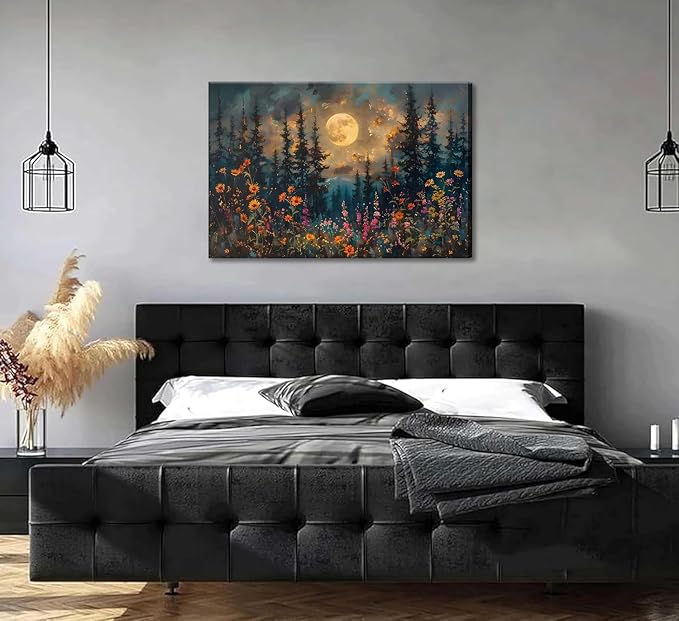 Paint by Numbers for Adults and Kids Beginner, Moonlit Tree Mountains Wildflowers Painting by Number Kits On Canvas Number Artist Paint by Number Kit Oil Painting Acrylic Paints Home Wall Decor Gift