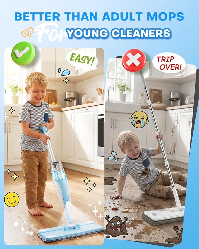 Kids Spray Mop, Blue Toddler Cleaning Set with Refillable Water Spray Tank, Lightweight Pretend Play Mop Toy for Boys Girls, Montessori Housekeeping Toy Gift