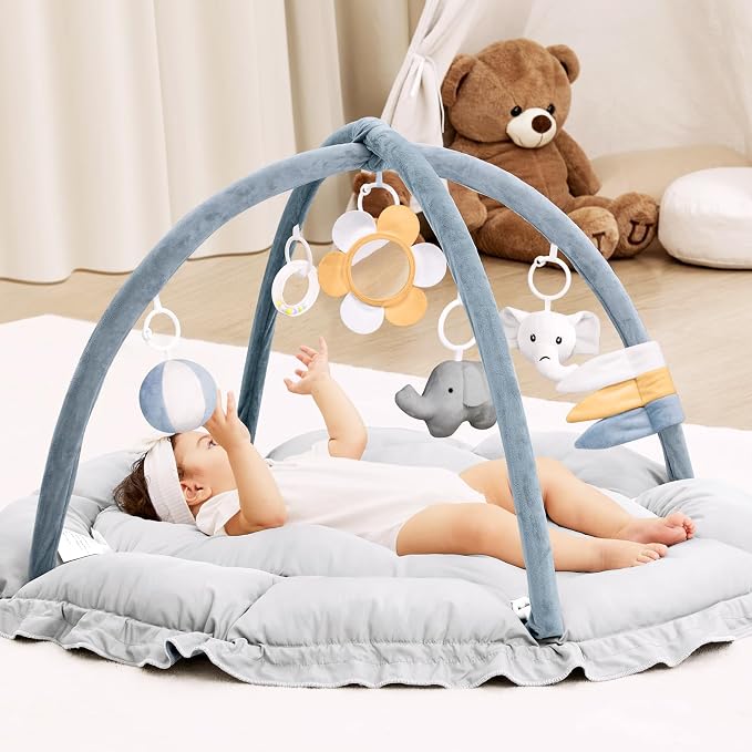 ANGELBLISS 5 in 1 Baby Play Gym Mat, Reversible Tummy Time Mat with 5 Sensory Toys for Stage-Based Developmental, Thick & Large Baby Activity Center from Newborn to Toddler (Dark Blue)