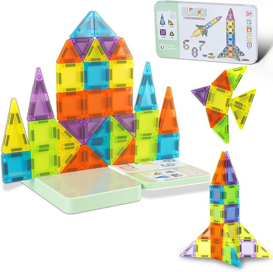Mini Magnetic Tiles Travel Set- 50PCS Travel Toys with Portable Iron Box, Rounded Edges, Colorful STEM Toys for Kids Ages 3+, Building-Creativity Gifts, for Home Airplane Car Trip