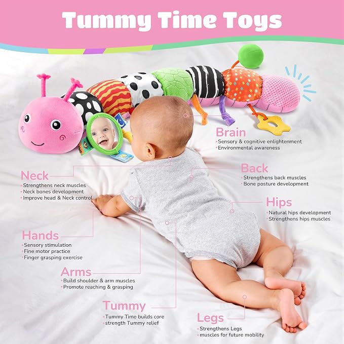 AWOTOY Baby Sensory Toys Music Caterpillar Plush Infant Toys 0 6 12 Months | Stuffed Animals Tummy Time Teething Toys with Mirror Pull String Rattle Baby Toys for Newborn Boy Girl Shower Birthday Gifts