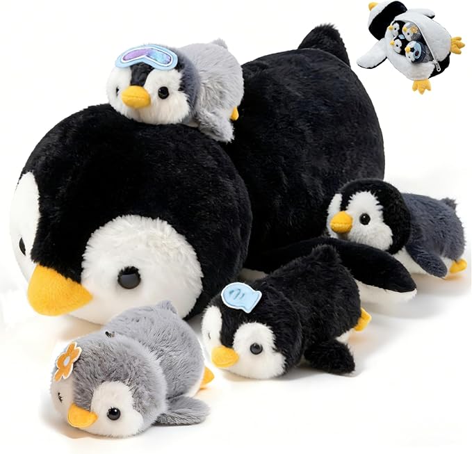 Penguin Stuffed Animal，Cute Penguin Mommy Stuffed Animal with 4 Baby Penguin Plushies in Tummy，Kawaii Penguin Plush Toy Gift for Kids Girls Boys