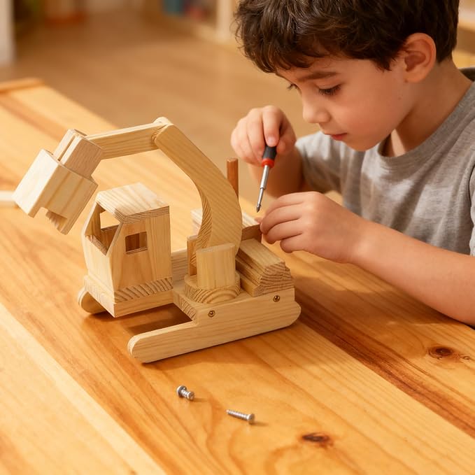 Easy Playhouse: Wood Building Toy Kit - DIY 3 Vehicle Projects: Helicopter, Truck & Excavator, 12 Paint Colors & 2 Brushes, Arts & Craft Set, Kids 8+