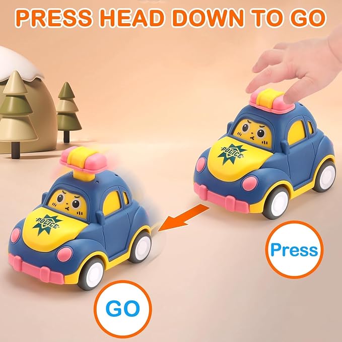 soi-meme 4 Pack Press and Go Car Toys for Toddlers 1-3 Year Old Boys, Easy Push Down Action, Certified CPSC- Learning Cause Effect Toddler Toy, Gifts for 1+ Year Old Baby Boy Girl