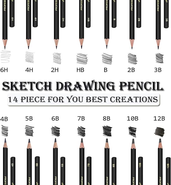 Heshengping Drawing Sketch Pencil Set 14pcs Sketching Pencils 12B 10B 8B 7B 6B 5B 4B 3B 2B B HB 2H 4H 6H Graphite Pencils for Kid Adults Artists Student Beginners Professional