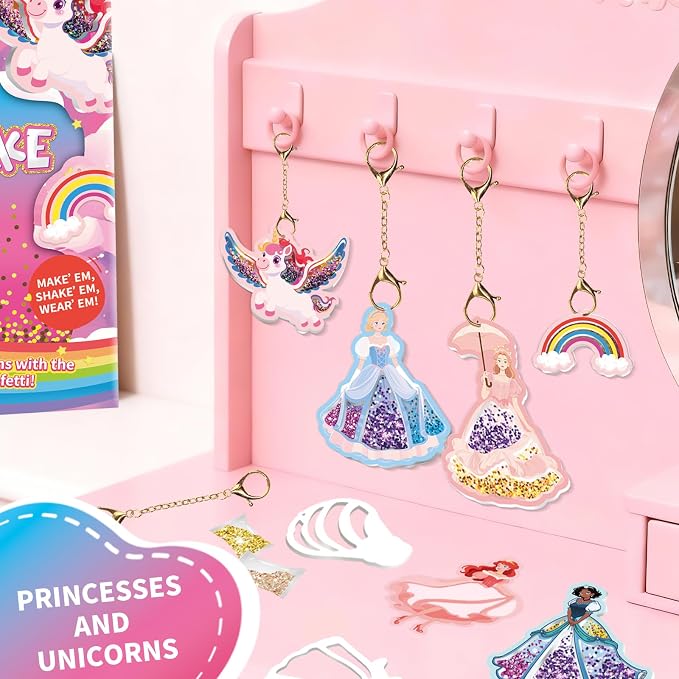 MZYTOZA Fun & Shake DIY Glitter Craft Kit with Keychains for Kids,Unicorns and Princesses Art & Craft Activity,Creative Travel Toy, Party Favors & Valentine's Gift for Ages 4-9