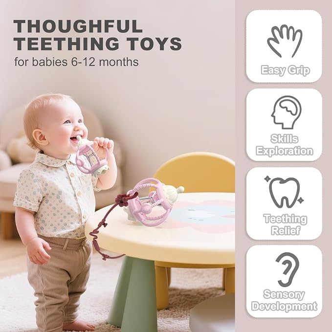Silicone Teether Rattle Toy for Babies 0-12 Months Teething Relief | Montessori Sensory Teething Toy with Pacifier, Easy Grasp Handle for Infant Boys & Girls, Baby Must Haves