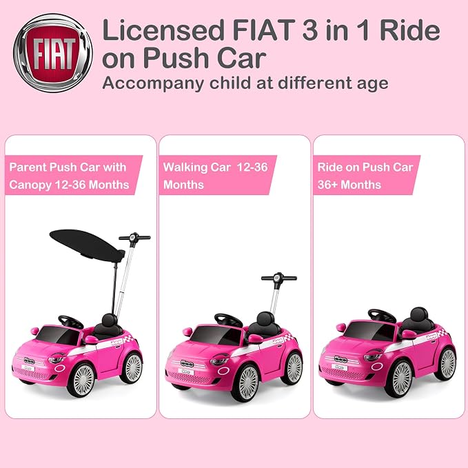 Licensed Fiat 500 Ride on Push Car by INFANS, 3 in 1 Baby Stroller Sliding Walking Car with Retractable Footrest, Parent Control Handle, Horn, Foot-to-Floor Toys for Kids Toddlers 18 Month+ (Pink)