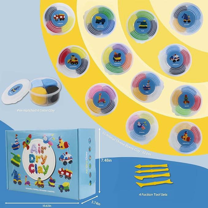 Air Dry Clay Kit for Kids - Cars Themed,12 Traffic DIY Molding Clay Art Crafts Set for Kids Girls Boys Easter Gifts for Easter Basket Fillers Egg Fillers Party Favors (Traffic)