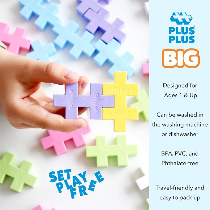 Plus Plus Big - 100 Piece Pastel Color Mix - Interlocking Large Puzzle Building Blocks, Quiet Stem Toys for Toddlers - Gifts for Boys & Girls