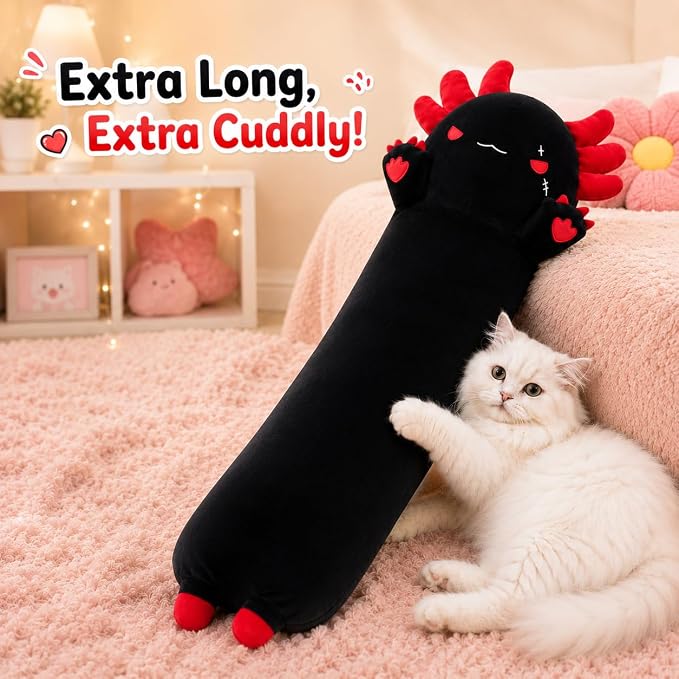 Long Axolotl Stuffed Animals 35.4 Inch, Soft Plush Pillow Cute Body Pillow Gifts for Kids Girlfriend, Black&Red