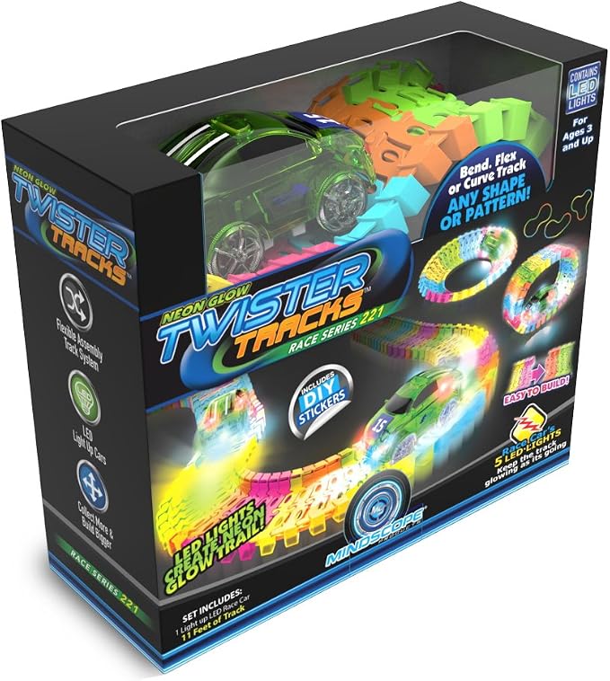 Mindscope Twister Tracks Neon Glow in the Dark 221 Piece (11 feet) of Flexible Assembly Track Race Series