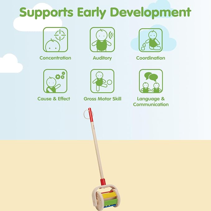 PlanToys® Wooden Walk N Roll Push Toy | Montessori Walking Toy for Gross Motor Skills, Balance & Coordination with Gentle Rolling Sounds | Eco Friendly Activity Toy