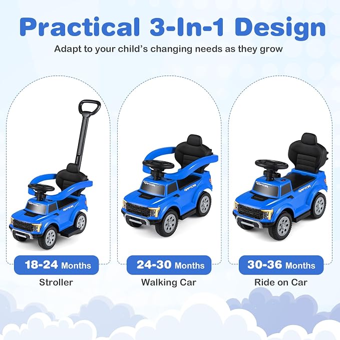 Costzon Ride On Push Car for Toddlers, 3-in-1 Ford Licensed Sliding Car w/Handle, Guardrail, Horn, Engine Sound, LED Lights, Under Seat Storage, Foot-to-Floor Kids Ride On Toys for Boys Girls (Blue)