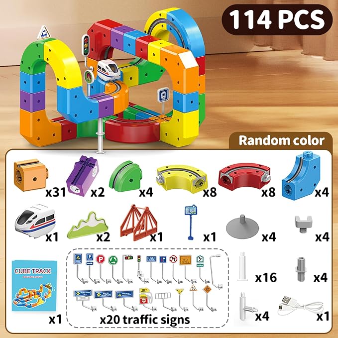 Electric Train Set Flexible Race Track Toys for 3 4 5 6 7 8 Years Old Boys and Girls, Building Toy Train Track Gravity-Defying 3D Embedded Layouts & Motorized Car, STEM Gift(Builder Set(114 Piece))