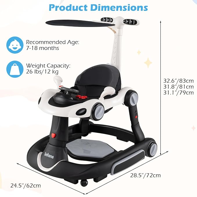 INFANS 6-in-1 Foldable Baby Walker, Converts Push Car to Bouncer, Rocker with Music, Lights, Adjustable Height & Speed, Activity Center, Canopy for 7-18 Months (Dark)