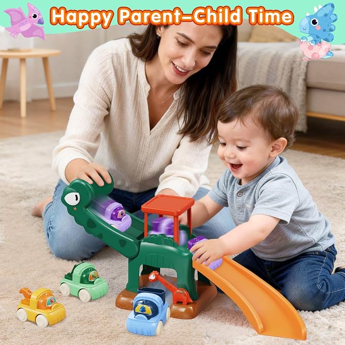 Dinosaur Car Ramp Slide Toy for Toddlers — 4 Push Cars with Race Track, Baby Slide Indoor Toy, Montessori Learning Birthday Gift for Boys Girls 1 2 3 Year Old (Green)