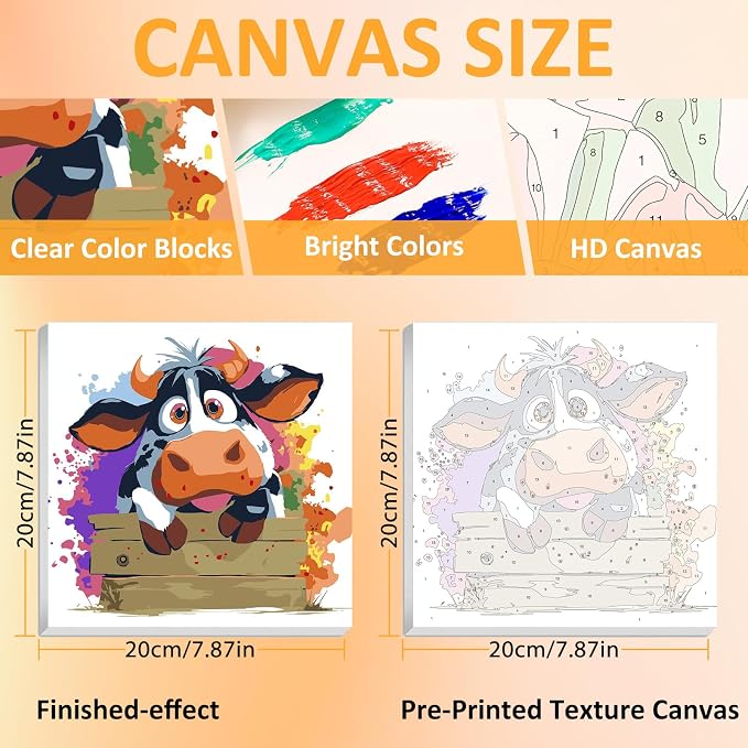 Paint by Numbers Kit for Kids with Frame, Cow Paint by Numbers for Kids Ages 4-8-12, DIY Cow Acrylic Oil Painting for Home Wall Art Decor Gift 7.8x7.8 inch (with Frame Easel)