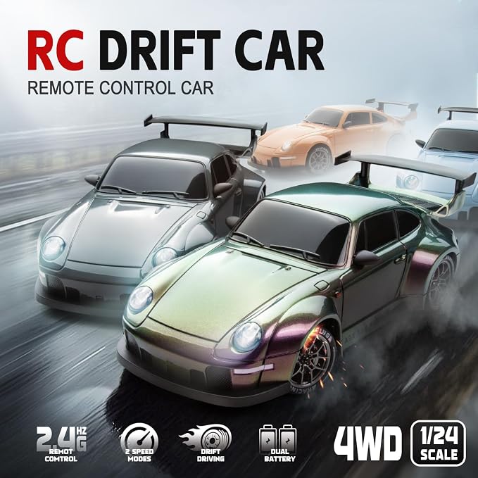 RC Drift Car, 1:24 Scale Remote Control Vehicle with LED Lights, 2.4GHz 20KM/H 4WD High Speed RC Cars, Drifting Tires＆Two Batteries, Racing Sports Toy Idea Gift for Adults Boys Girls and Kids