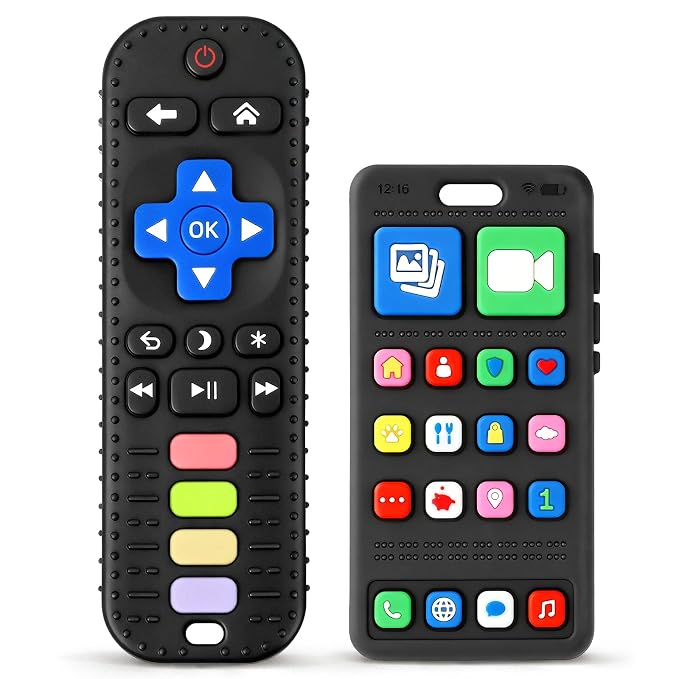 2 Pack Baby Teething Toys 3-6 6-12 Months, BPA Free Silicone Phone and TV Remote Teether Toys for Baby 12-18 Months, Baby Chew Toys for Teething Relief, Newborn Shower Gifts for Boys Girls