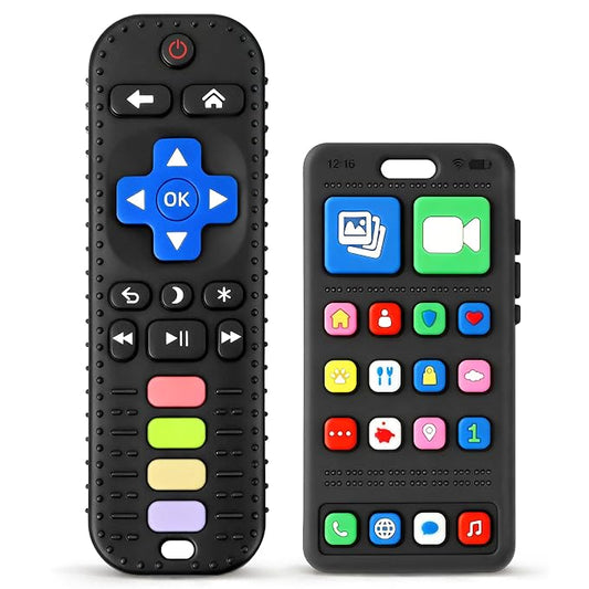2 Pack Baby Teething Toys 3-6 6-12 Months, BPA Free Silicone Phone and TV Remote Teether Toys for Baby 12-18 Months, Baby Chew Toys for Teething Relief, Newborn Shower Gifts for Boys Girls