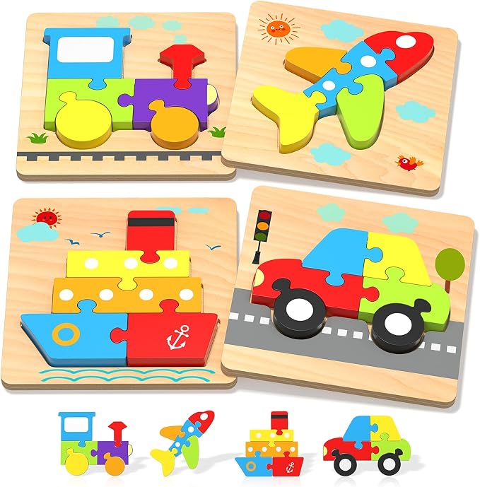 Wooden Puzzles Toddler Toys for Boys Girls, 4 Vehicle Shape Learning Educational Blocks Birthday Gifts Sensory Toy Montessori Toys