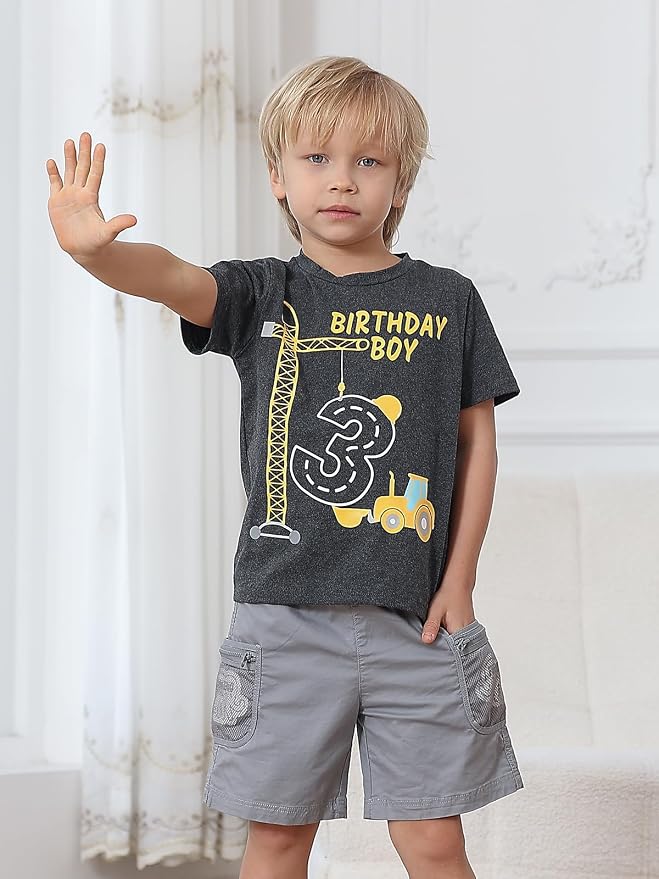Lovekider 2-5 Years Birthday Boy Shirt Construction Party T-Shirts Excavator Cotton Short Sleeve Tee Dark Grey